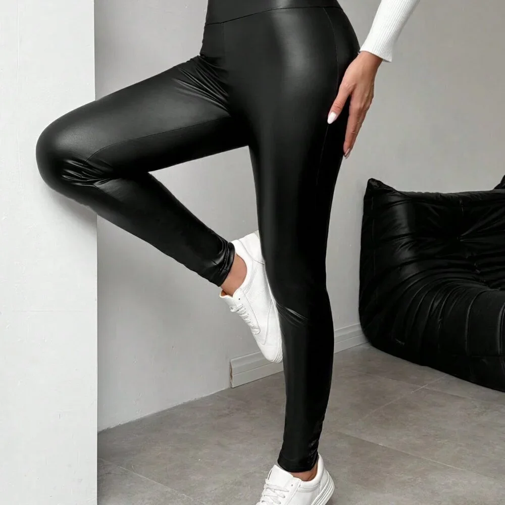 Black Casual Women's Thermal Lined Stretchy Footless faux leather Leggings